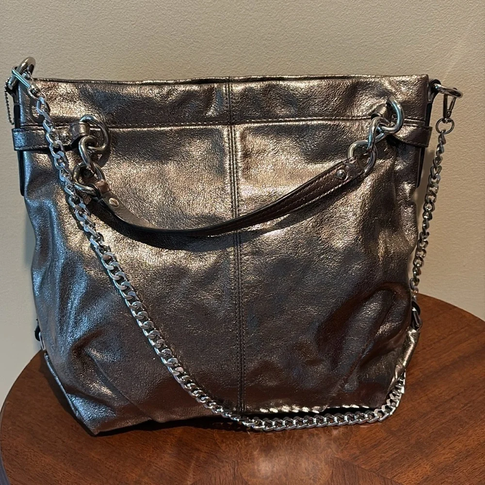 Coach  Brooke metallic  shorter version 10”h silver bronze leather chain added